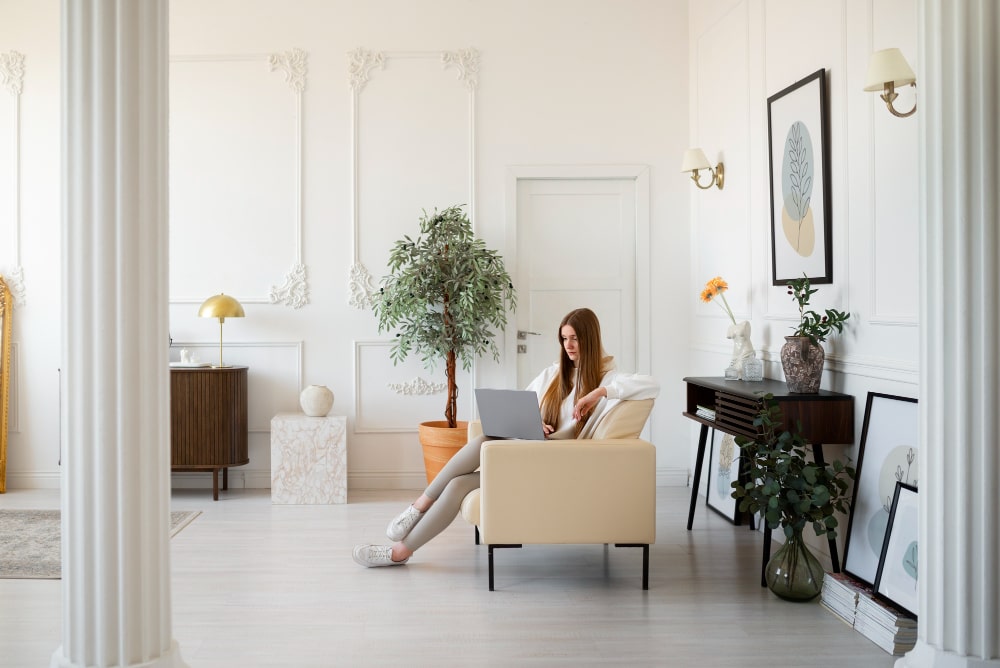 Jeune femme travaillant sur ordinateur portable dans un intérieur harmonieux et élégant aux tons blancs avec moulures et plantes vertes