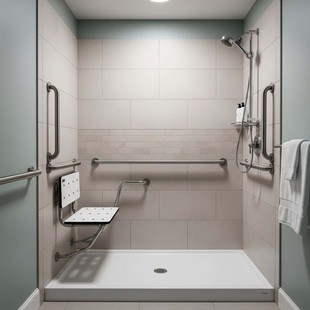 Une salle de bain moderne et accessible avec une "douche PMR" de plain-pied, équipée d'un siège rabattable et de barres d'appui pour la sécurité et l'autonomie