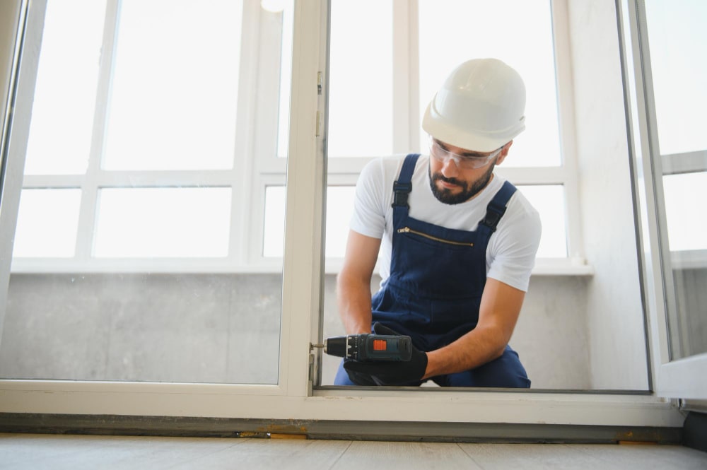 Menuisier utilisant une perceuse-visseuse pour ajuster le cadre d'une baie vitrée durant des travaux de menuiserie