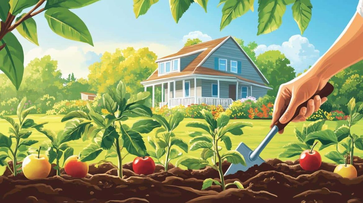 Illustration d'un jardin potager devant une maison, avec une personne s'occupant de jeunes plants près d'un grand pommier chargé de fruits.