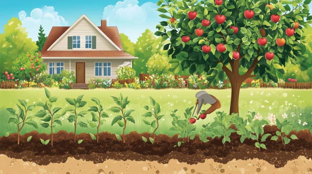 Gros plan d'une main utilisant une truelle pour jardiner entre des jeunes pousses et des pommes posées sur le sol, avec une maison en arrière-plan