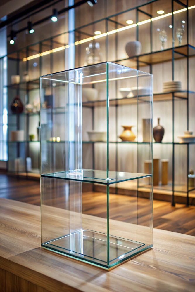 Un présentoir et vitrine en plexiglas transparent à deux niveaux posé sur un comptoir en bois dans une boutique de décoration.