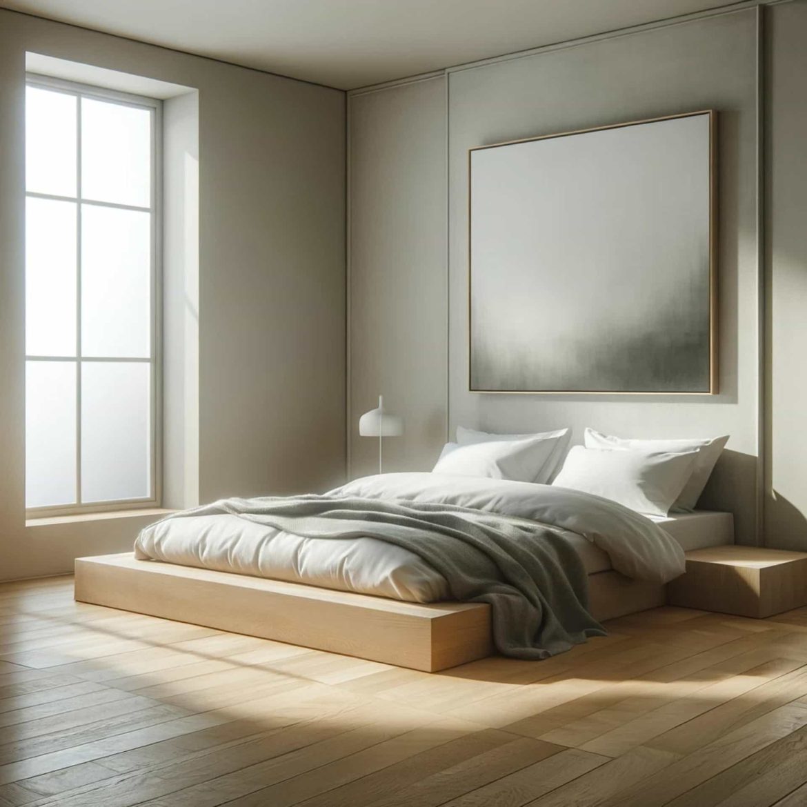 Lit armoire en bois clair replié ou intégré dans une chambre minimaliste et lumineuse avec un grand tableau mural.