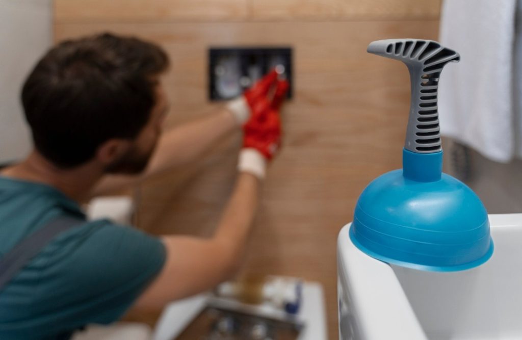 Ventouse bleue posée sur un lavabo pendant l'intervention d'un plombier pour deboucher une canalisation rapidement plomberie.