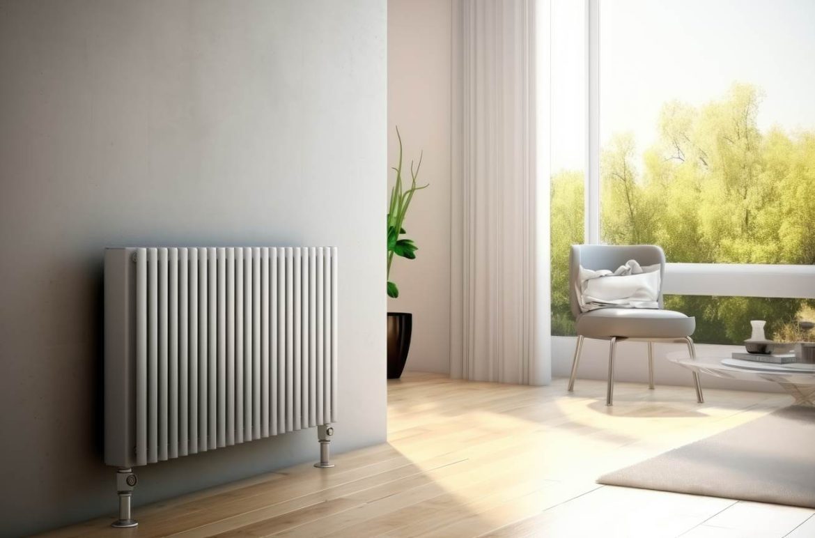 Radiateur moderne installé dans un salon lumineux, optimisé grâce aux aides et primes rénovation chauffage