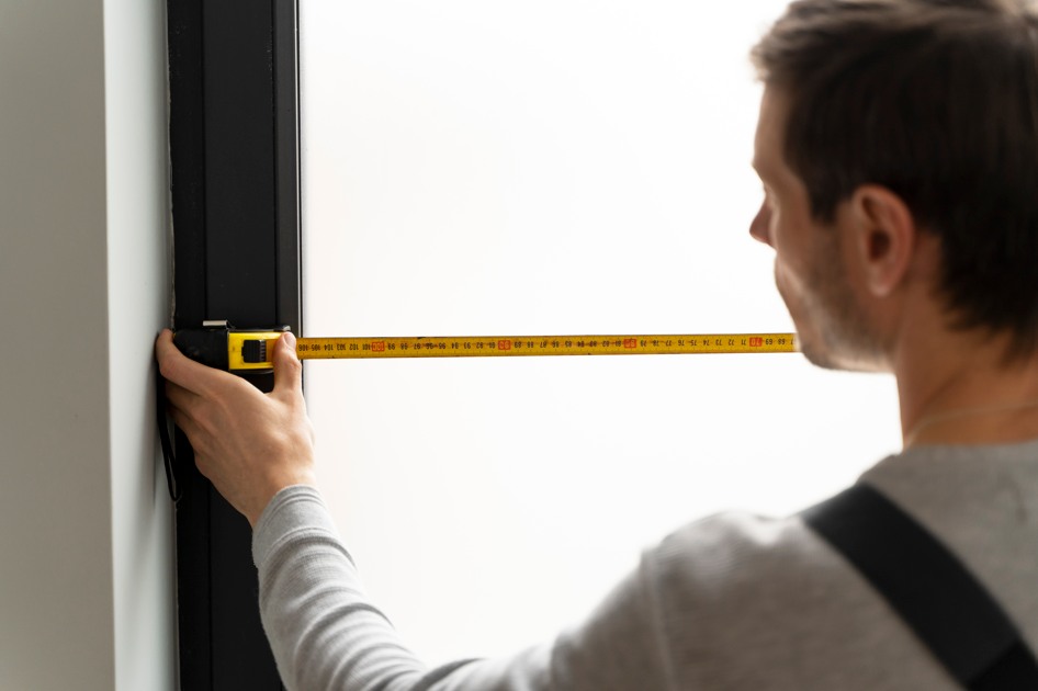 Un professionnel mesure le dormant existant avec un mètre ruban avant de poser menuiserie pvc en renovation sur cadre existant.